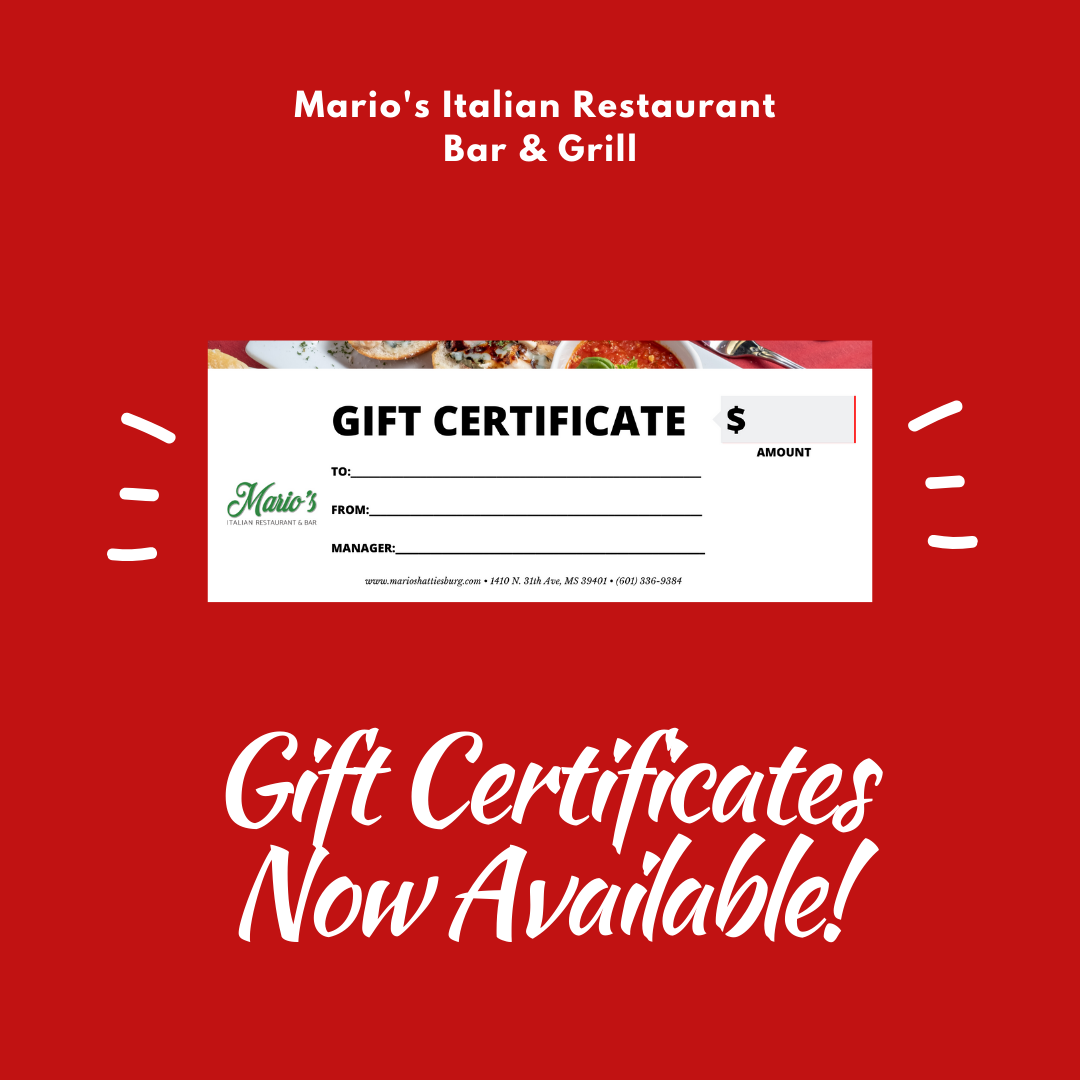 flyer for gift cards at Mario's Italian Restaurant in Hattiesburg MS